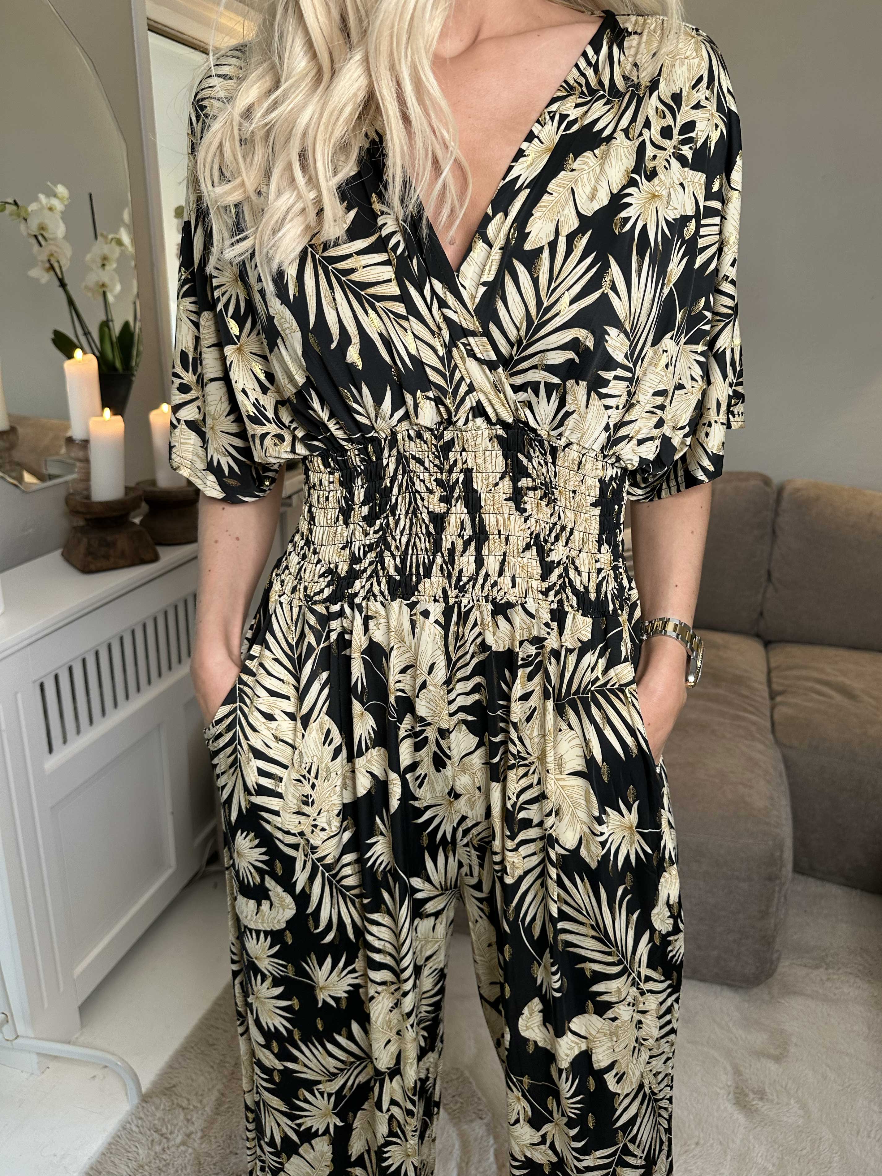 Pams Gold Leaf Jumpsuit - Jumpsuit med resår och bladmönster